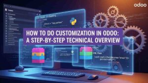 "Futuristic developer workspace with floating holographic screens displaying Odoo Python and XML code snippets for module customization, in purple and orange tones." – Provides context for accessibility and SEO, describing the image's purpose without keyword stuffing.