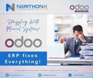 Stressed office worker surrounded by paperwork with the message “Struggling With Manual Systems? Odoo ERP fixes everything” and Odoo Official Partner branding.
