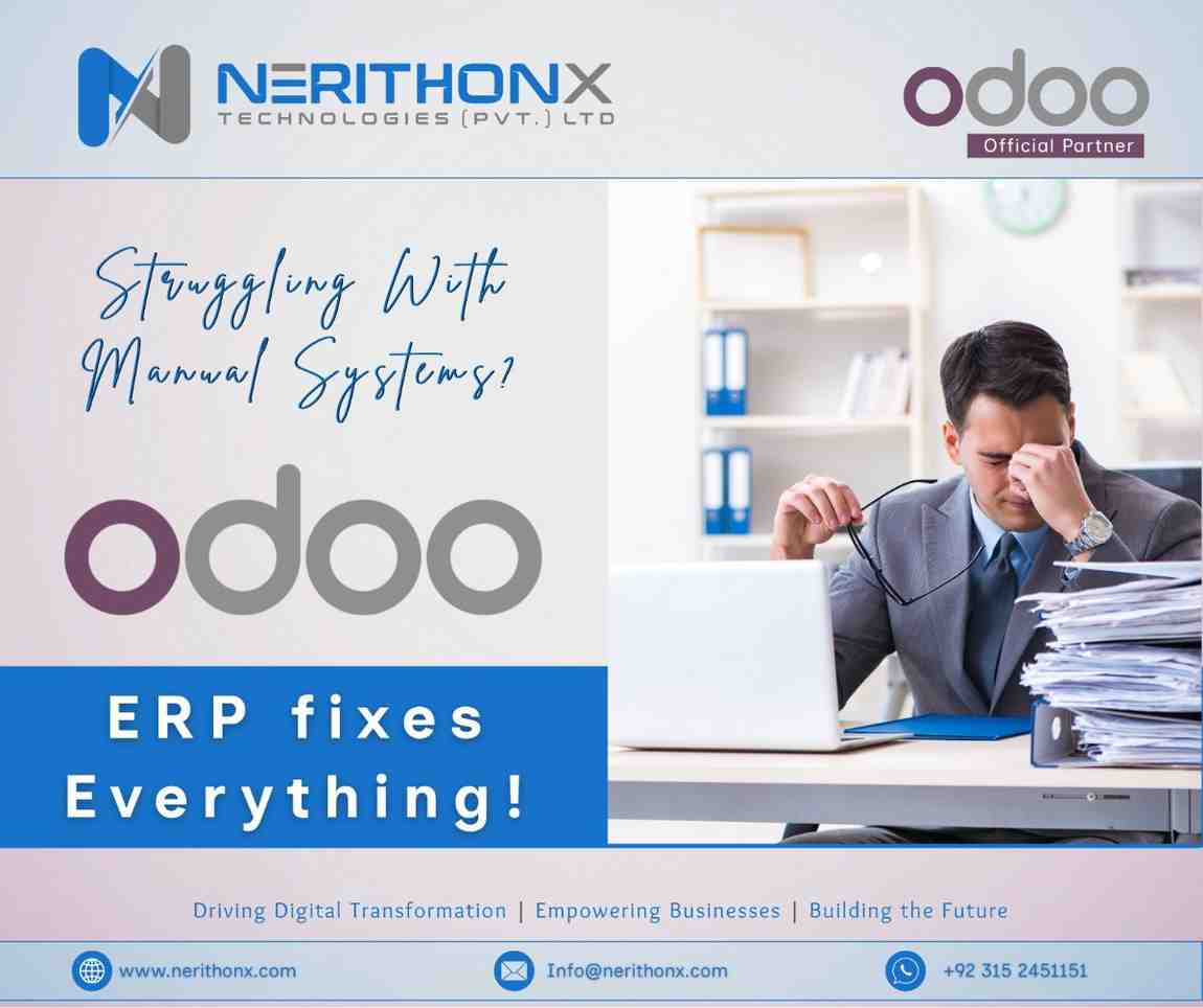 Stressed office worker surrounded by paperwork with the message “Struggling With Manual Systems? Odoo ERP fixes everything” and Odoo Official Partner branding.