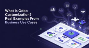 Isometric Odoo ERP dashboard with gears, puzzle pieces, and industry icons showing customization and workflow automation.