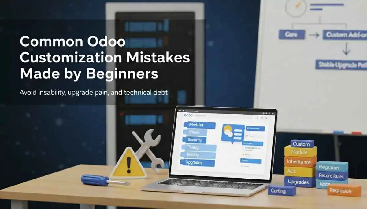 Blog cover showing a 3D desk scene with an ERP dashboard on a laptop and labeled blocks for modules, security, testing, and upgrades, with the title overlaid.