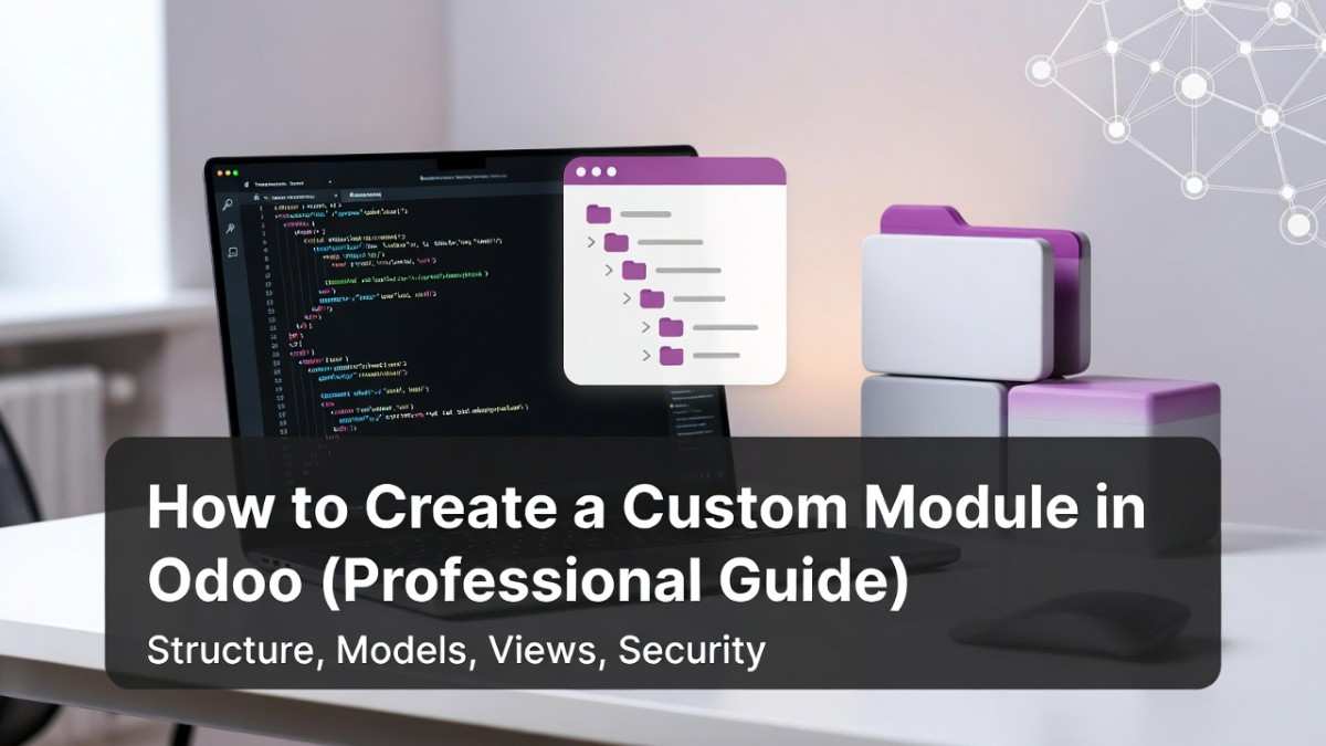 Hero image showing a laptop with Odoo module code and a module folder structure, with the text “How to Create a Custom Module in Odoo (Professional Guide)”.