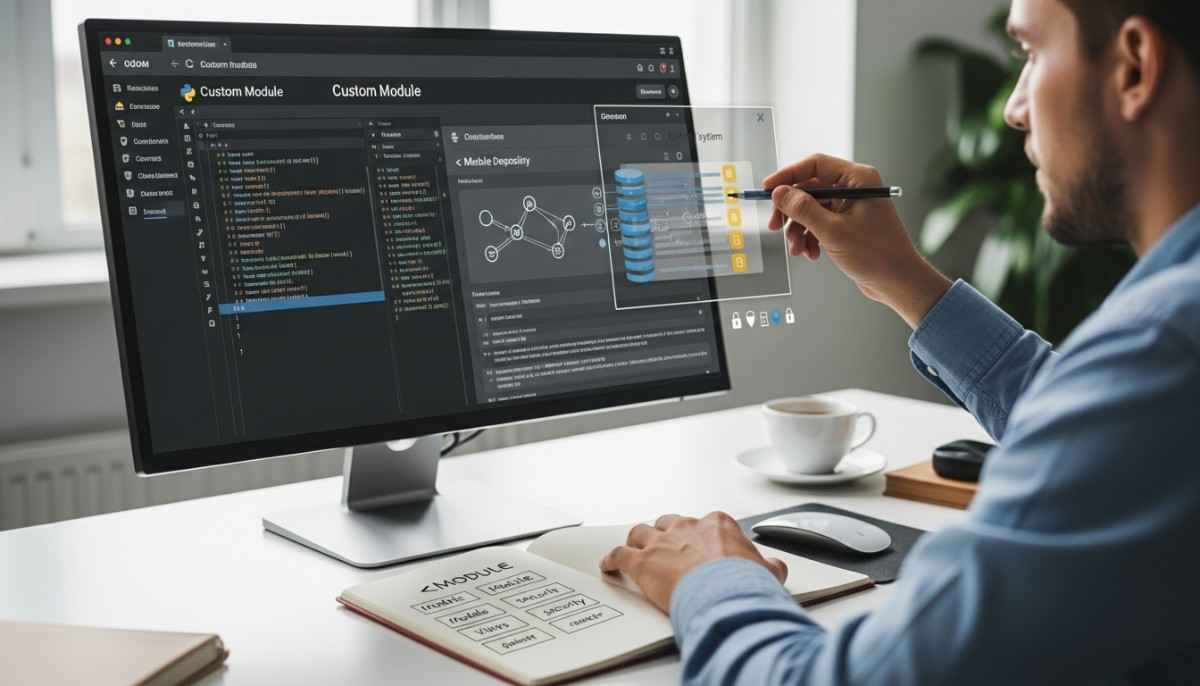 Developer customizing Odoo with Python, showing code, XML views, and database changes behind the scenes on a desktop monitor.