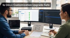 Team reviewing Odoo upgrade on staging with Git and custom module checklist
