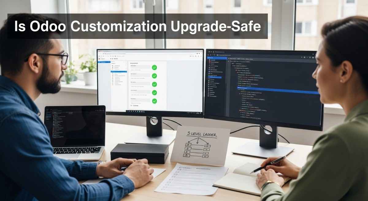 Team reviewing Odoo upgrade on staging with Git and custom module checklist
