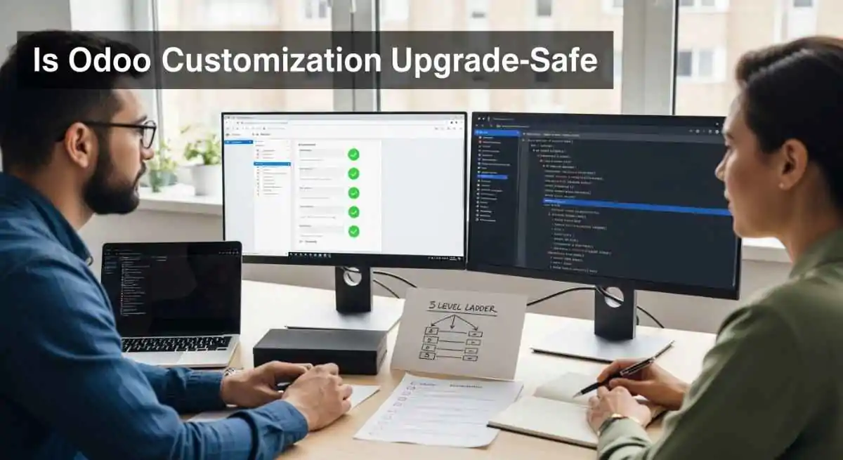 Team reviewing Odoo upgrade on staging with Git and custom module checklist