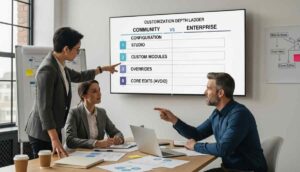 Consulting team reviewing Odoo Community vs Enterprise customization options with an upgrade-safe customization ladder on a presentation screen.