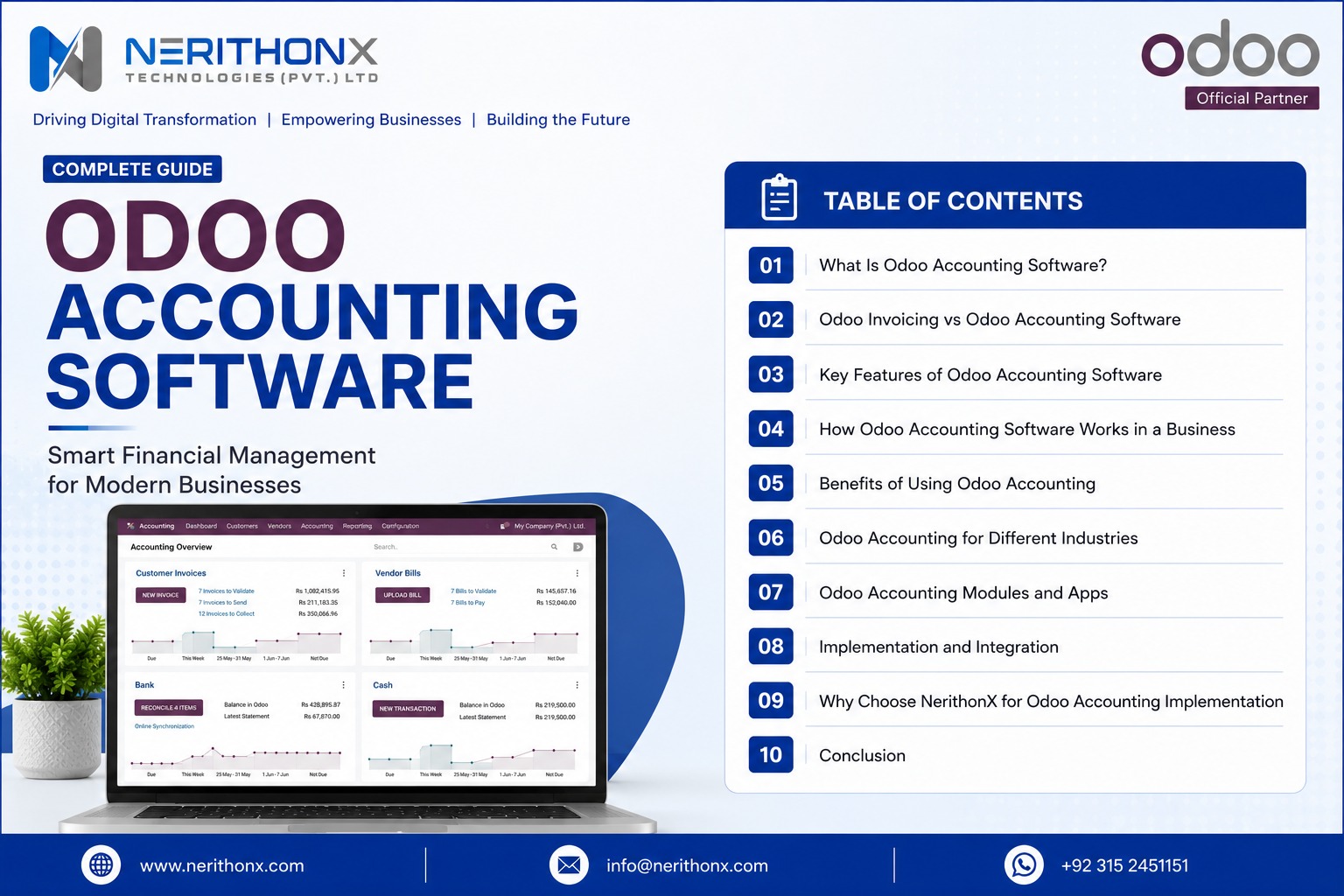 Odoo accounting software dashboard showing invoices, financial reports, payments, and business finance management