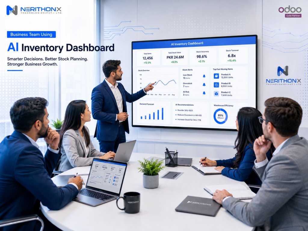 Business team using AI-powered inventory dashboard for stock planning