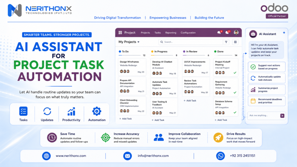 Odoo AI Project Management dashboard with tasks and deadlines