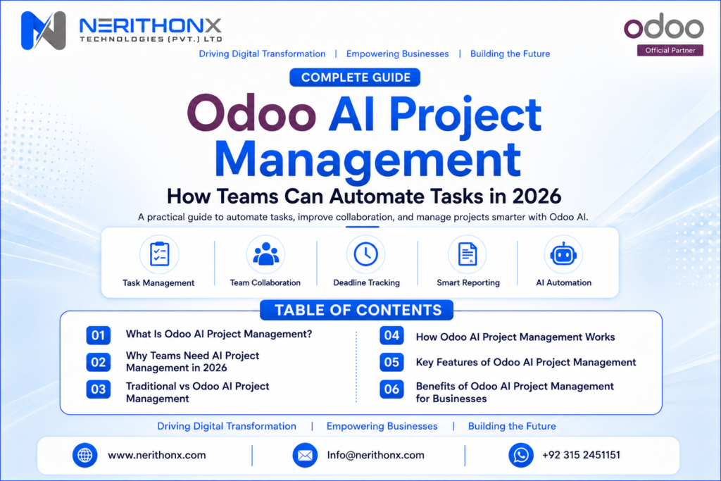 Odoo AI Project Management dashboard with tasks and deadlines