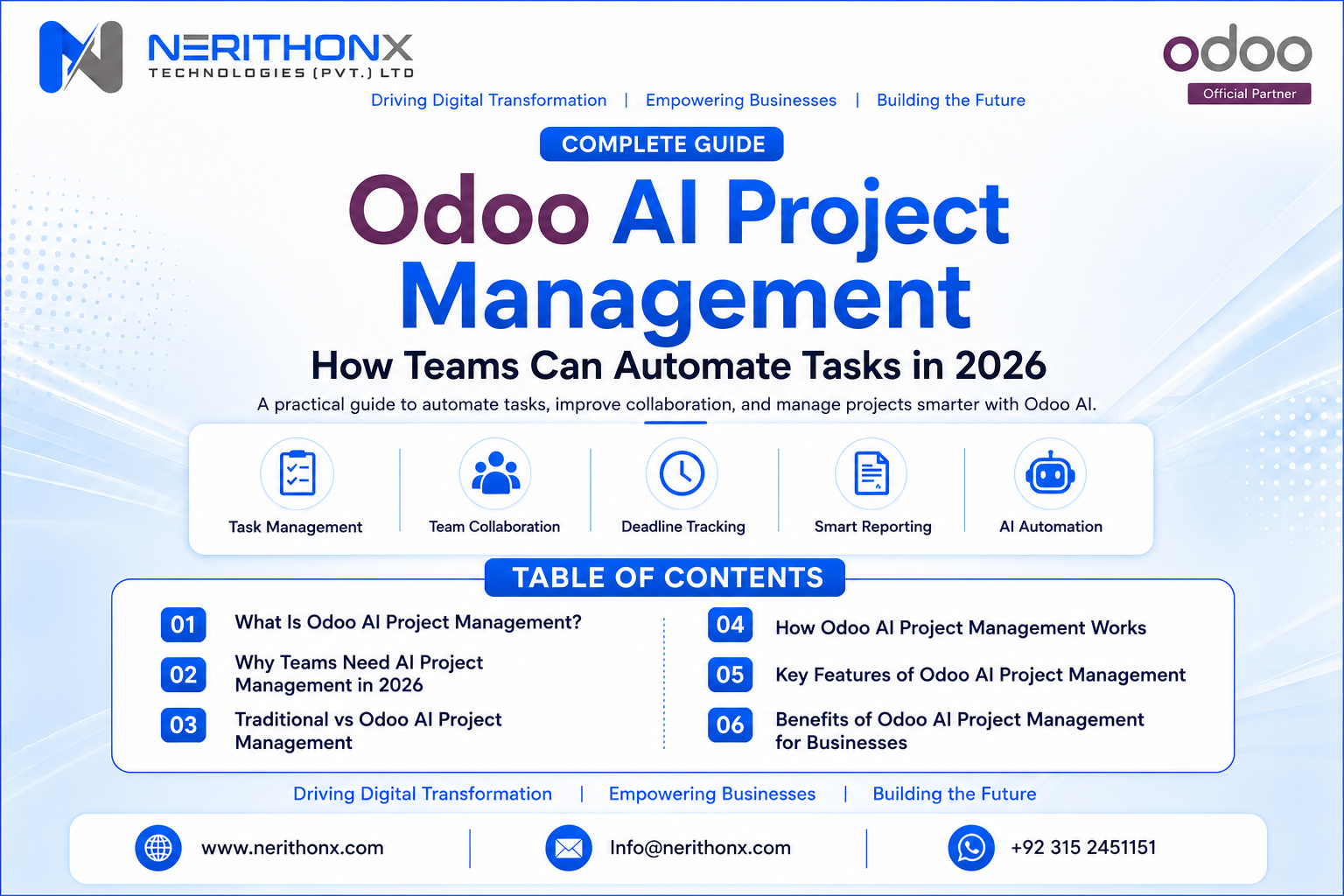 Odoo AI Project Management dashboard with tasks and deadlines