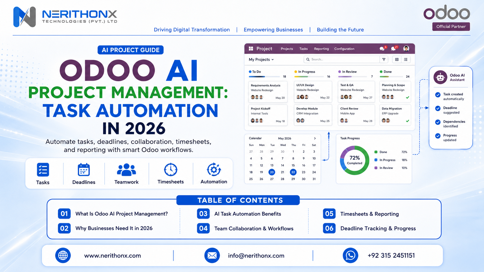 Odoo AI Project Management dashboard with tasks and deadlines