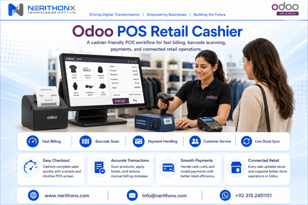 Retail store cashier using Odoo POS for fast billing