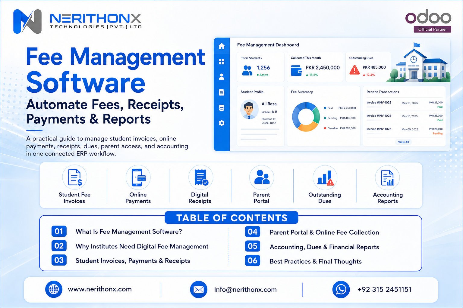 Fee management software dashboard showing student fee invoices, online payments, receipts, parent portal, outstanding dues, and ERP accounting reports.