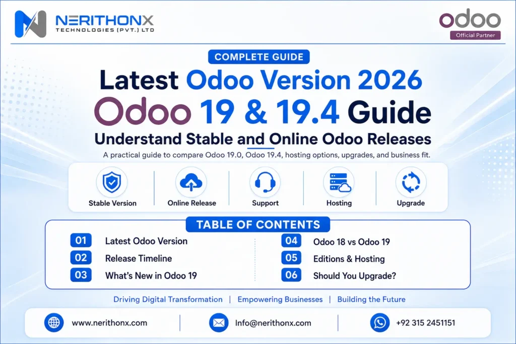 Latest Odoo version in 2026 with Odoo 19 major and Online