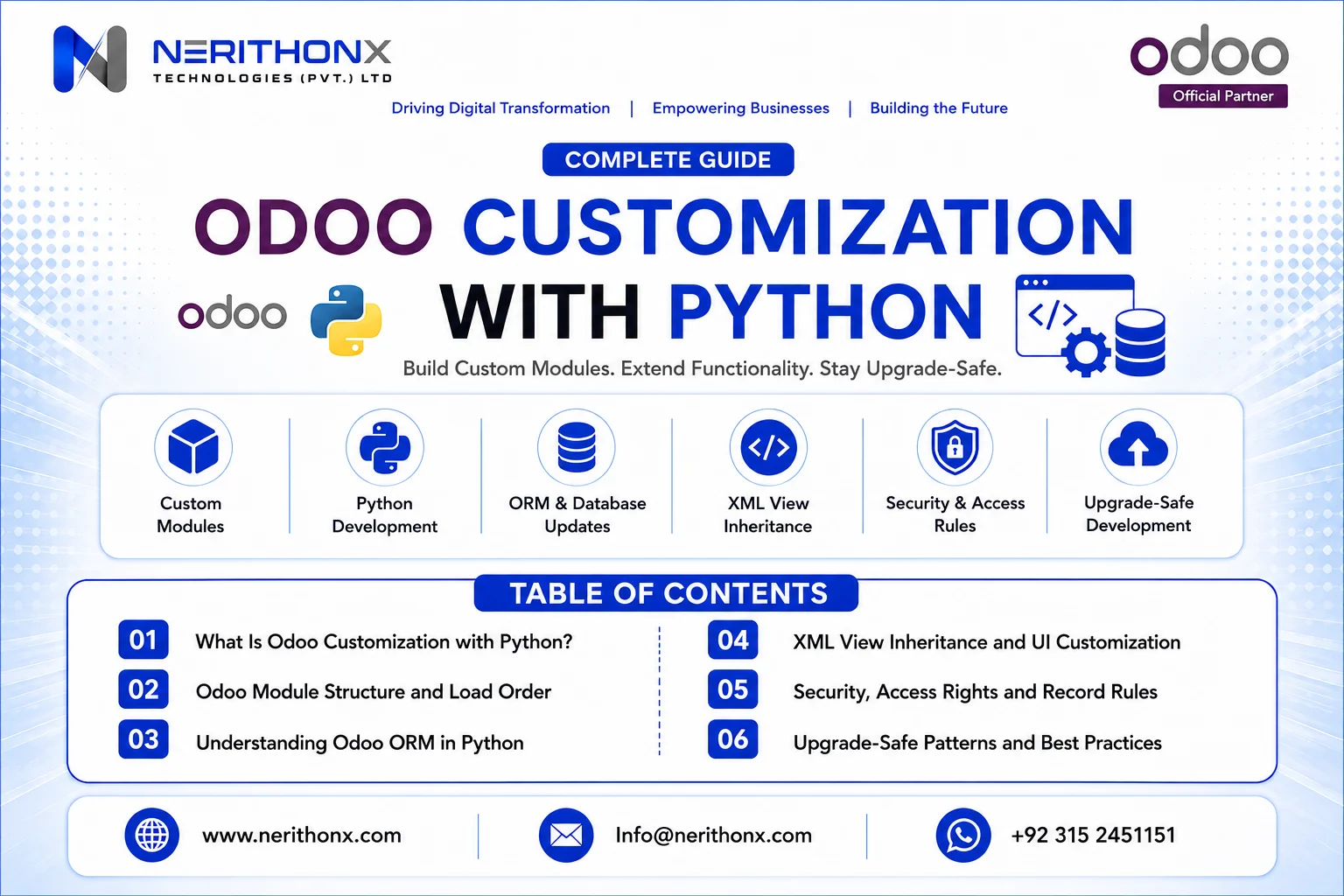 Odoo customization with Python guide covering custom modules, ORM logic, view inheritance, security rules, and upgrade-safe development