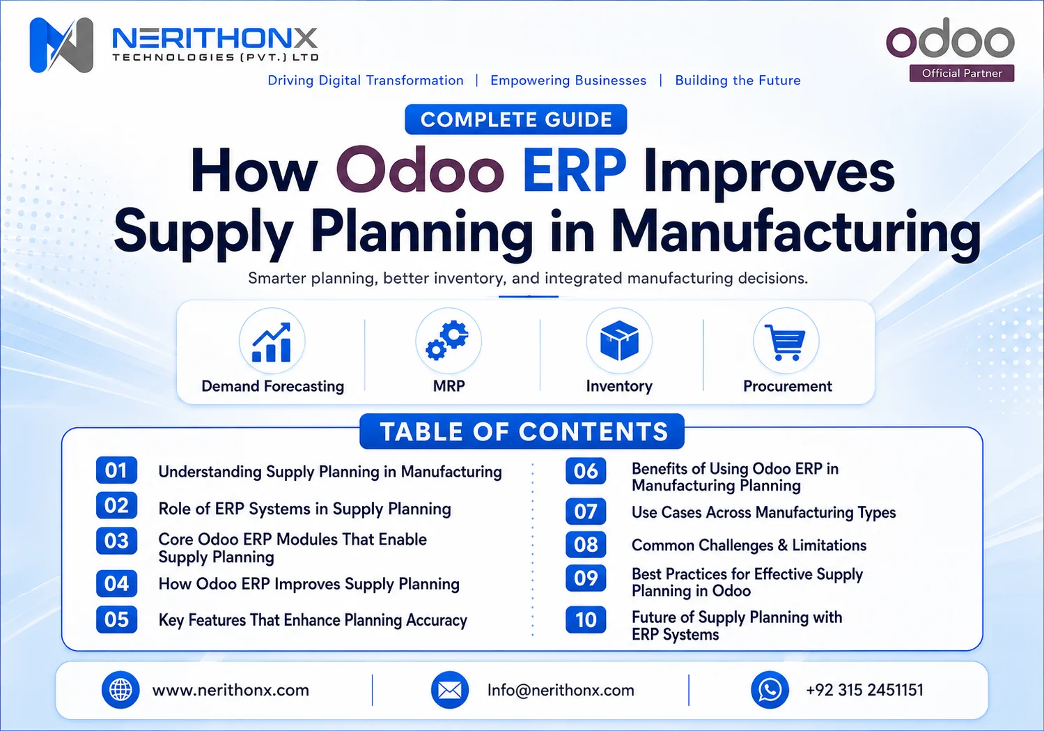 How Odoo ERP improves supply planning in manufacturing with demand forecasting, MRP, inventory, and procurement