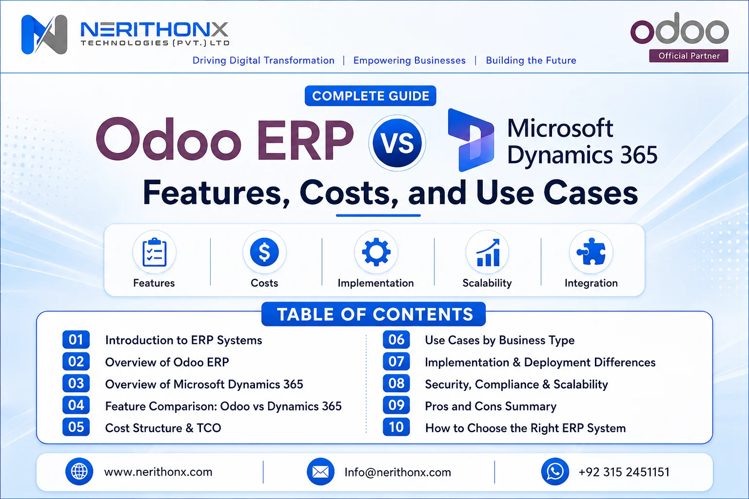 Odoo ERP vs Microsoft Dynamics 365 comparison for features, costs, implementation, scalability, and ERP use cases