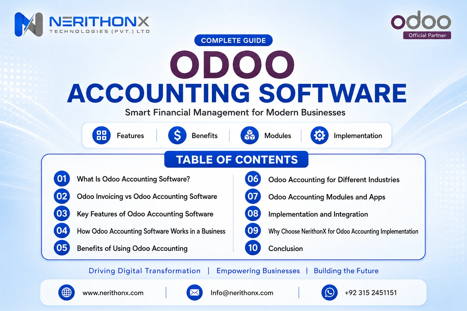 Odoo accounting software dashboard showing invoices, financial reports, payments, and business finance management
