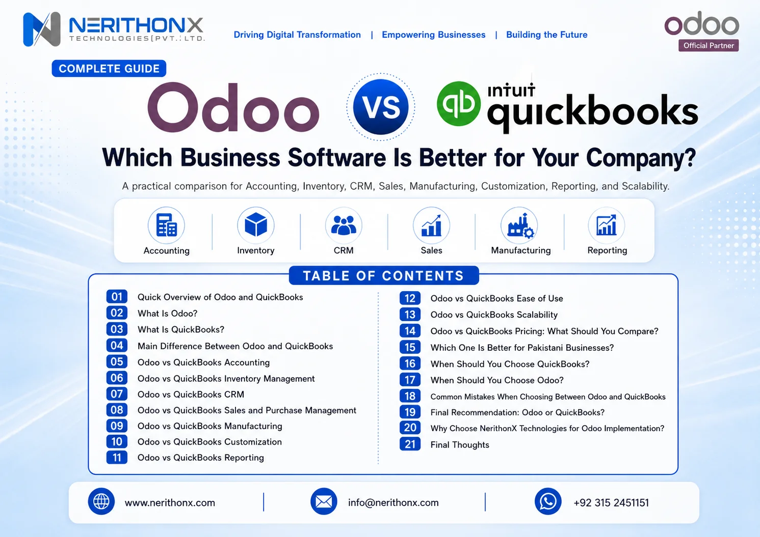 Odoo vs QuickBooks comparison for ERP accounting inventory and business automation