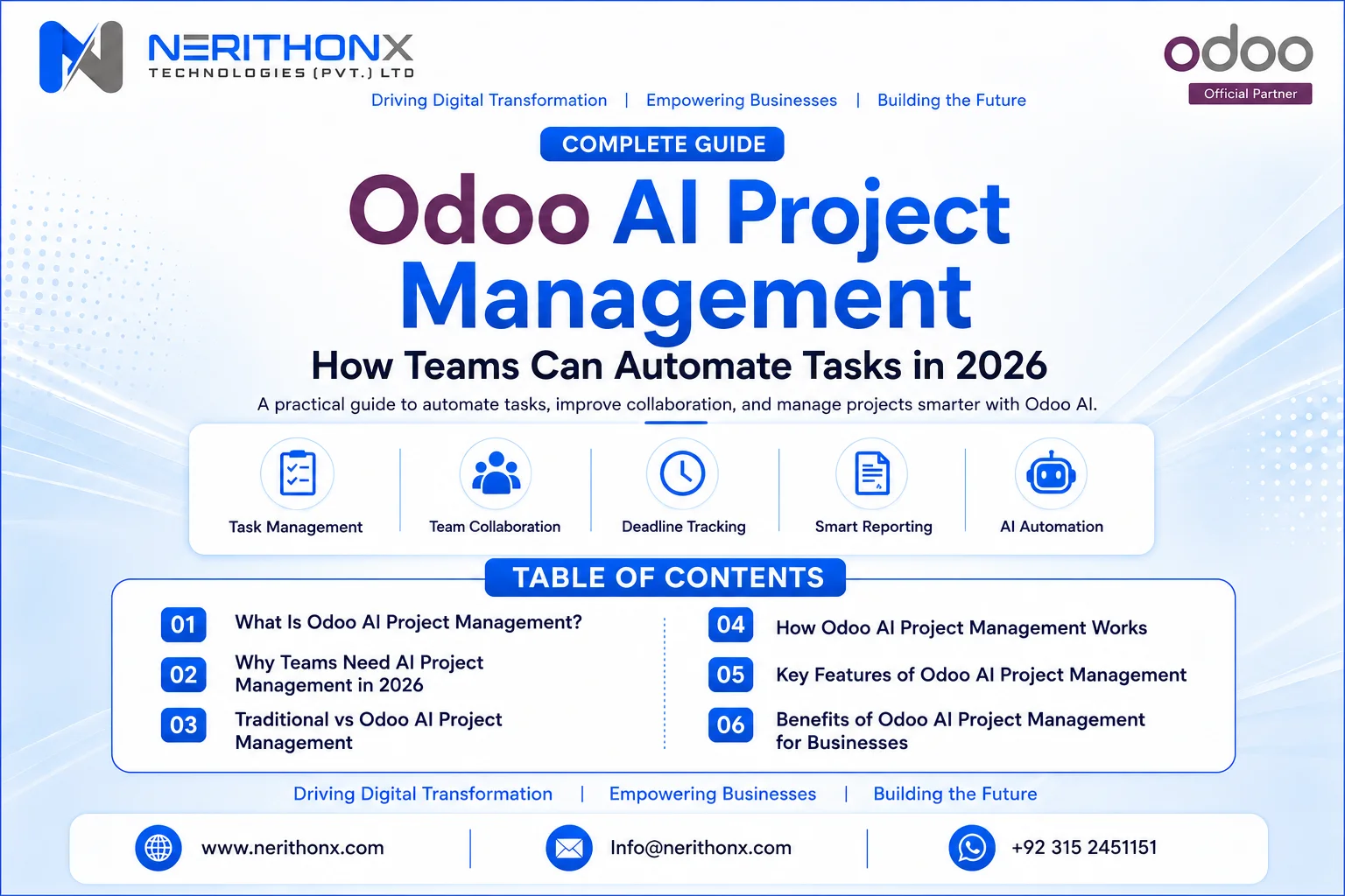 Odoo AI Project Management dashboard with tasks and deadlines