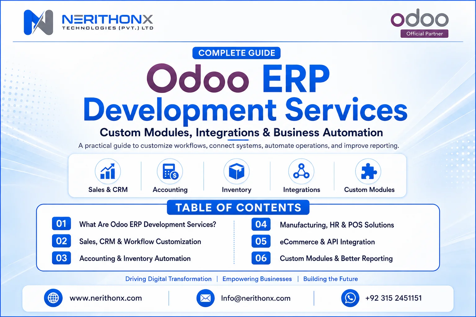 Odoo ERP development services dashboard showing custom modules, integrations and business automation