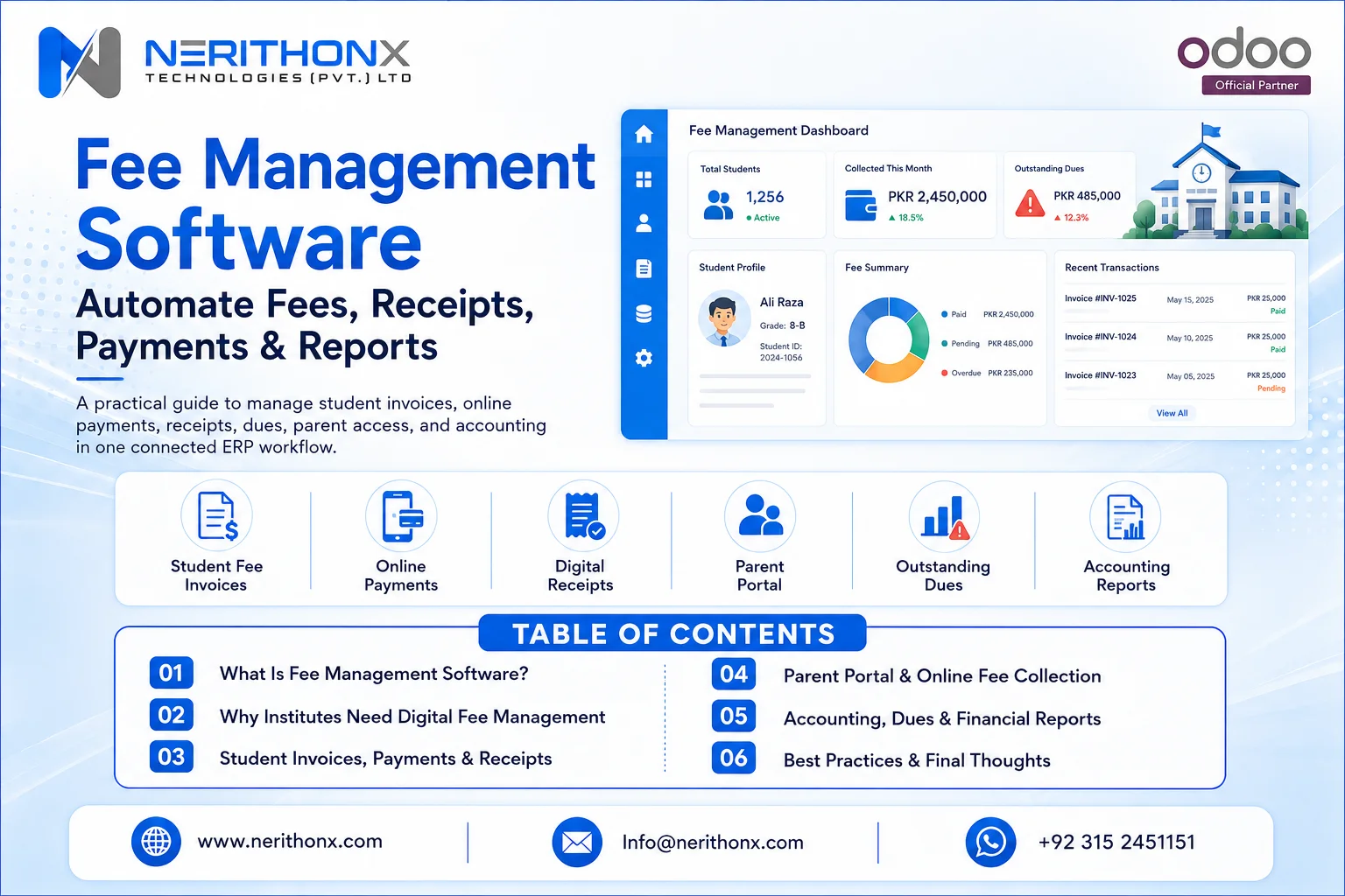 Fee management software dashboard showing student fee invoices, online payments, receipts, parent portal, outstanding dues, and ERP accounting reports.